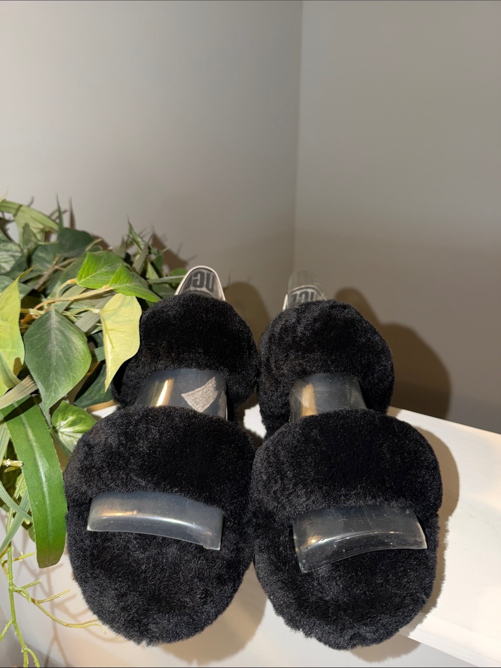New UGG Black Plush Faux Fur Slide Slippers